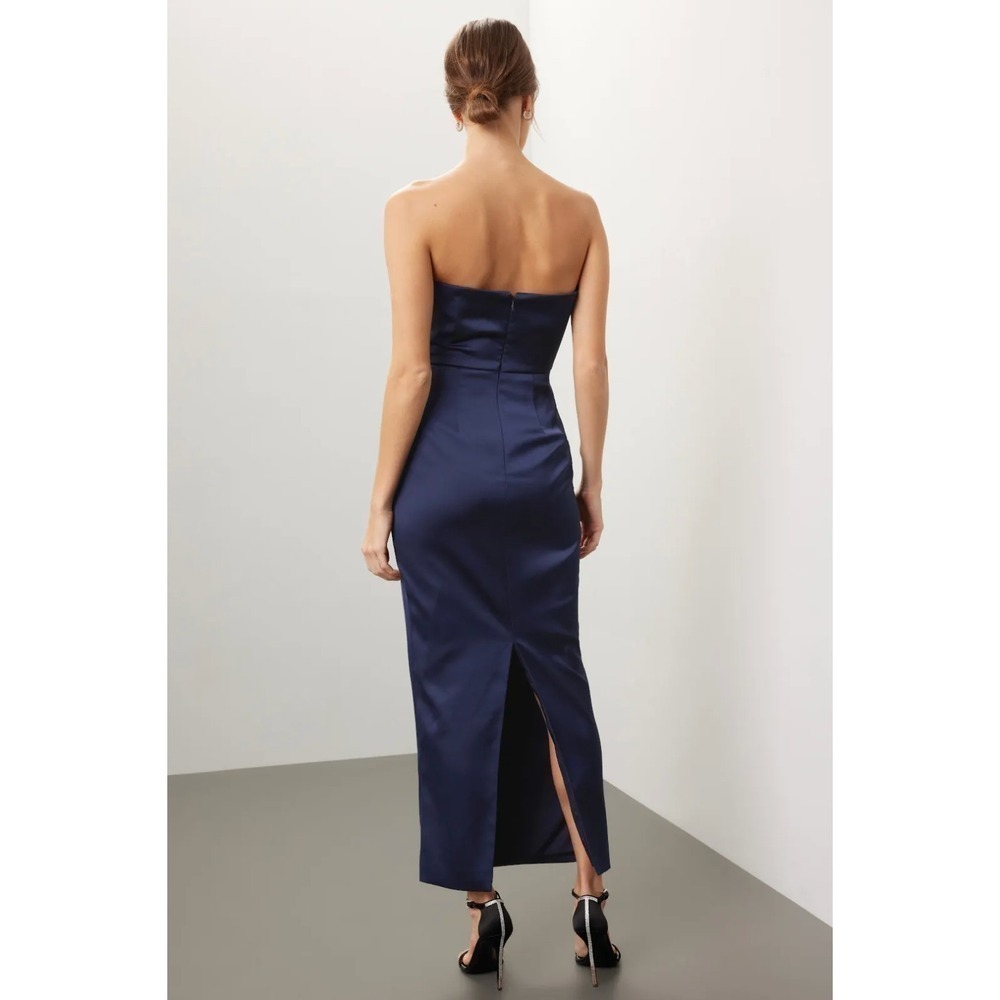 B35 Ronny Kobo Pradova Midi Dress XS Navy Blue Strapless Rosette Slit Cocktail - Picture 3 of 13